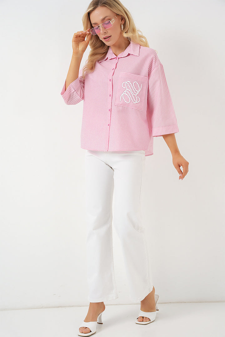 BGD Women Women's Single Pocket Embroidered Shirt 20328 - Pink - Velbert