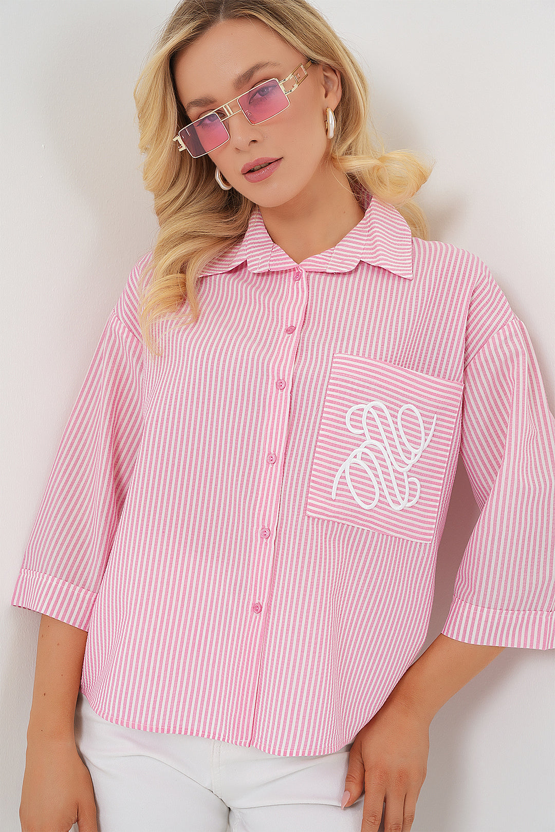 BGD Women Women's Single Pocket Embroidered Shirt 20328 - Pink - Velbert