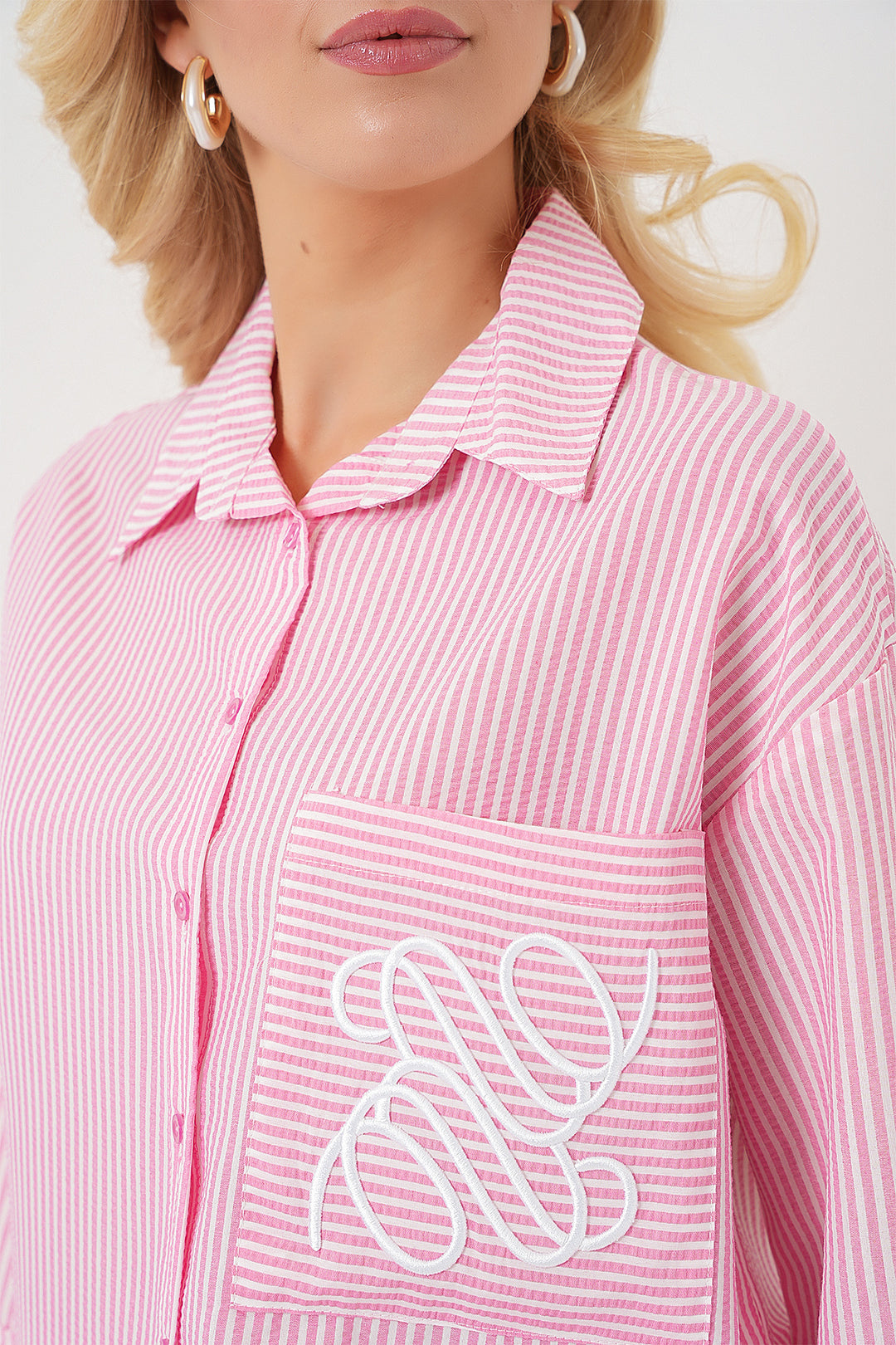 BGD Women Women's Single Pocket Embroidered Shirt 20328 - Pink - Velbert