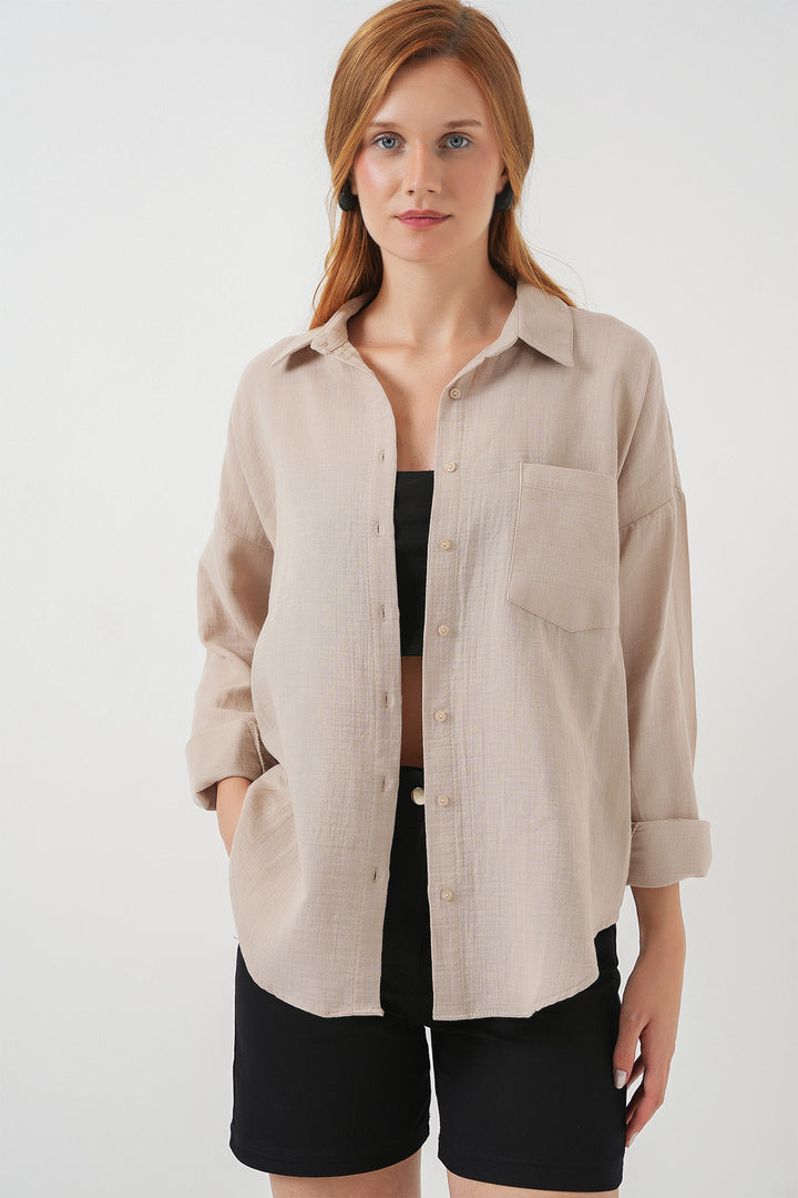 BGD Women Woman Single Pocket Oversized Muslin Shirt 20353 - Beige - Dubbo
