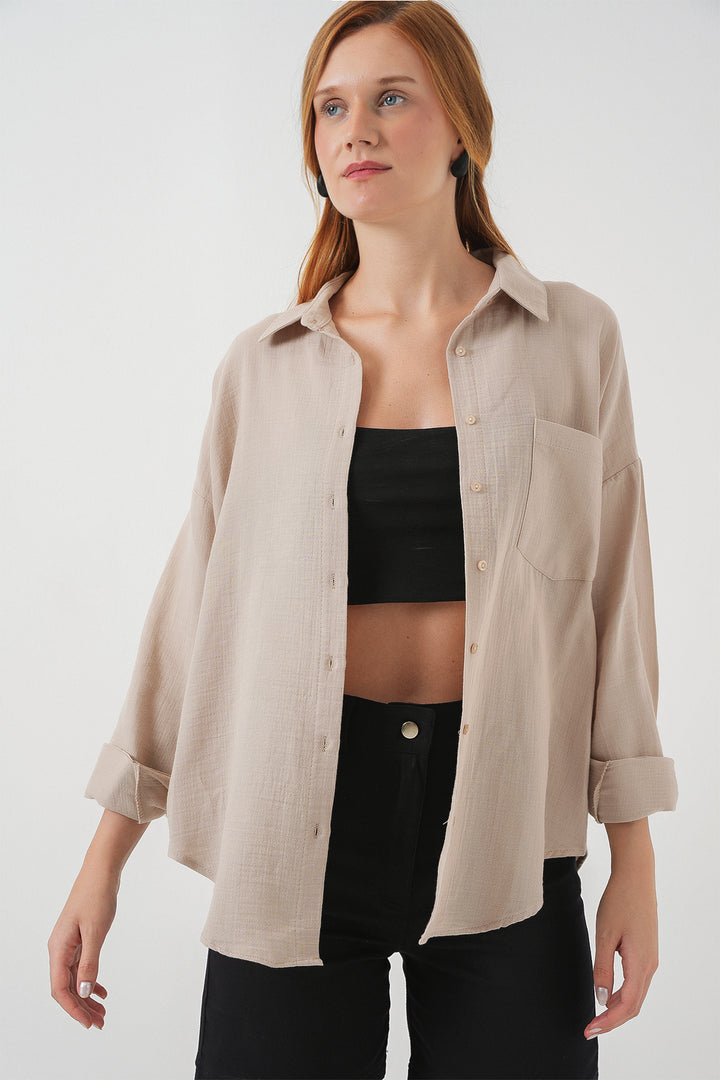 BGD Women Woman Single Pocket Oversized Muslin Shirt 20353 - Beige - Dubbo