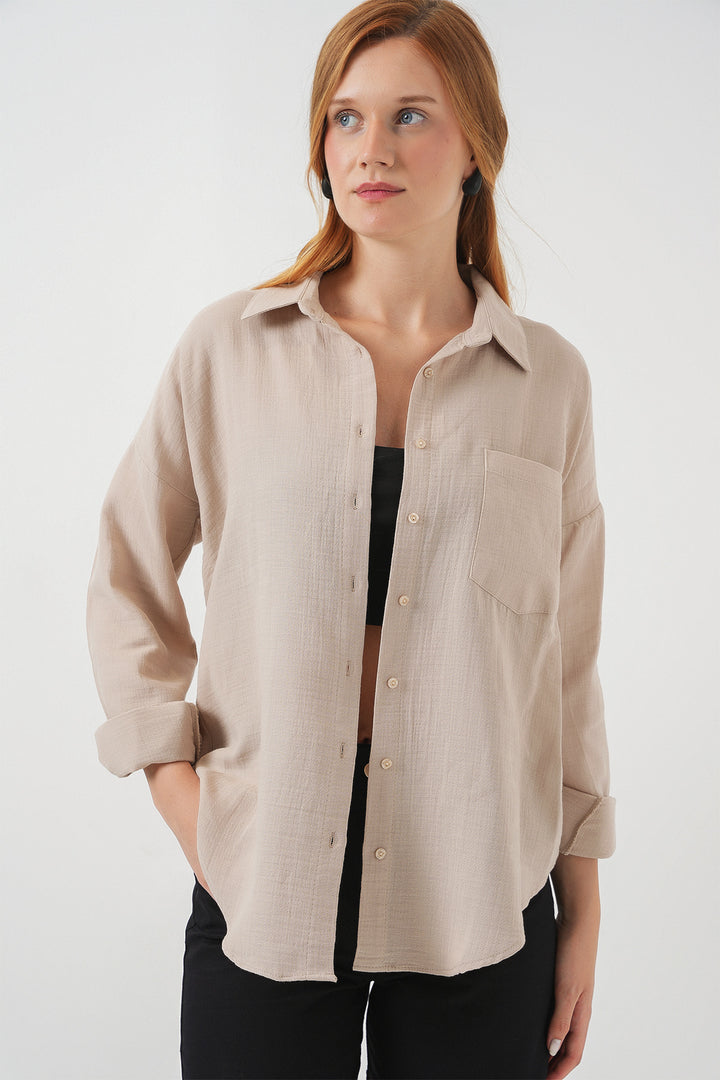 BGD Women Woman Single Pocket Oversized Muslin Shirt 20353 - Beige - Dubbo