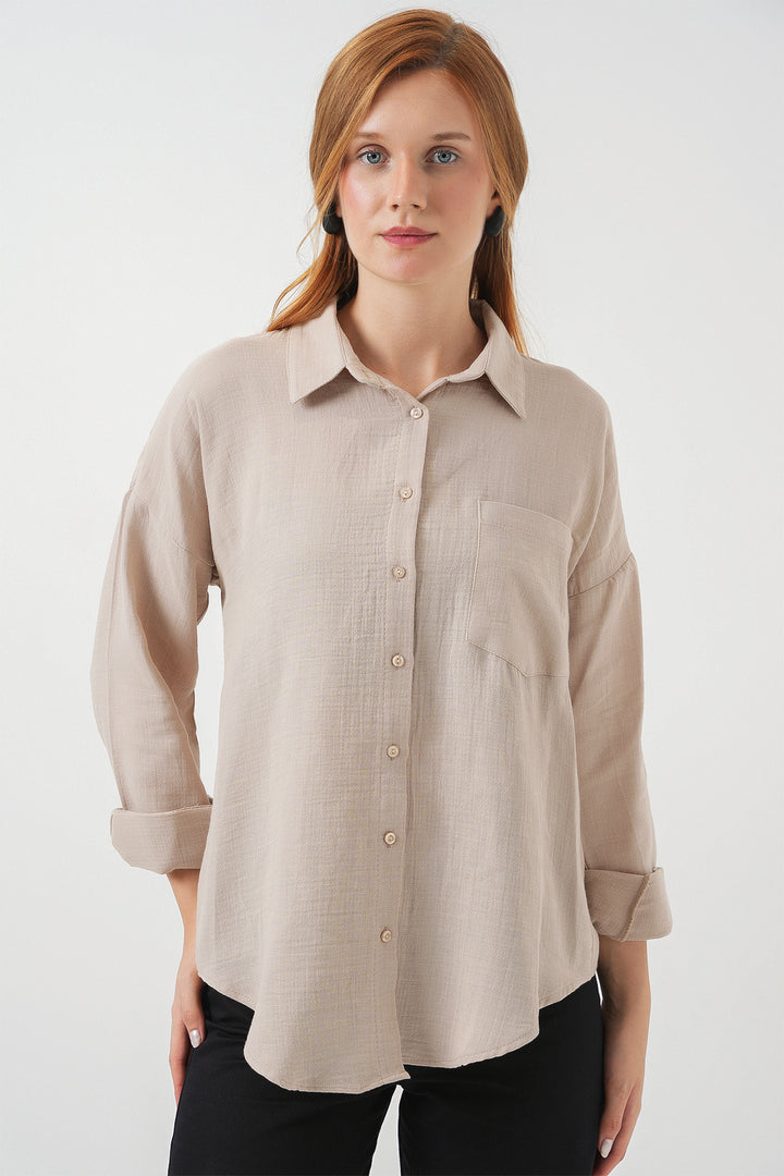 BGD Women Woman Single Pocket Oversized Muslin Shirt 20353 - Beige - Dubbo
