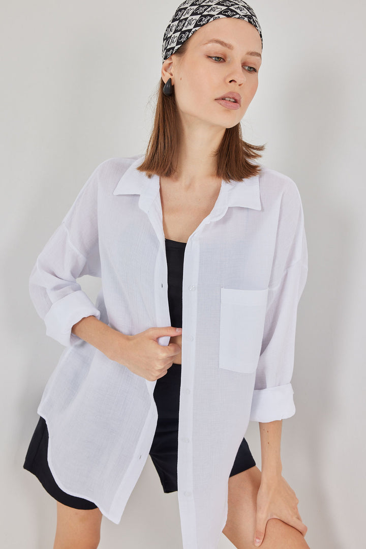 BGD Women Kadın Tek Cepli Oversize Müslin Gömlek 20353 - Beyaz - Châteauroux