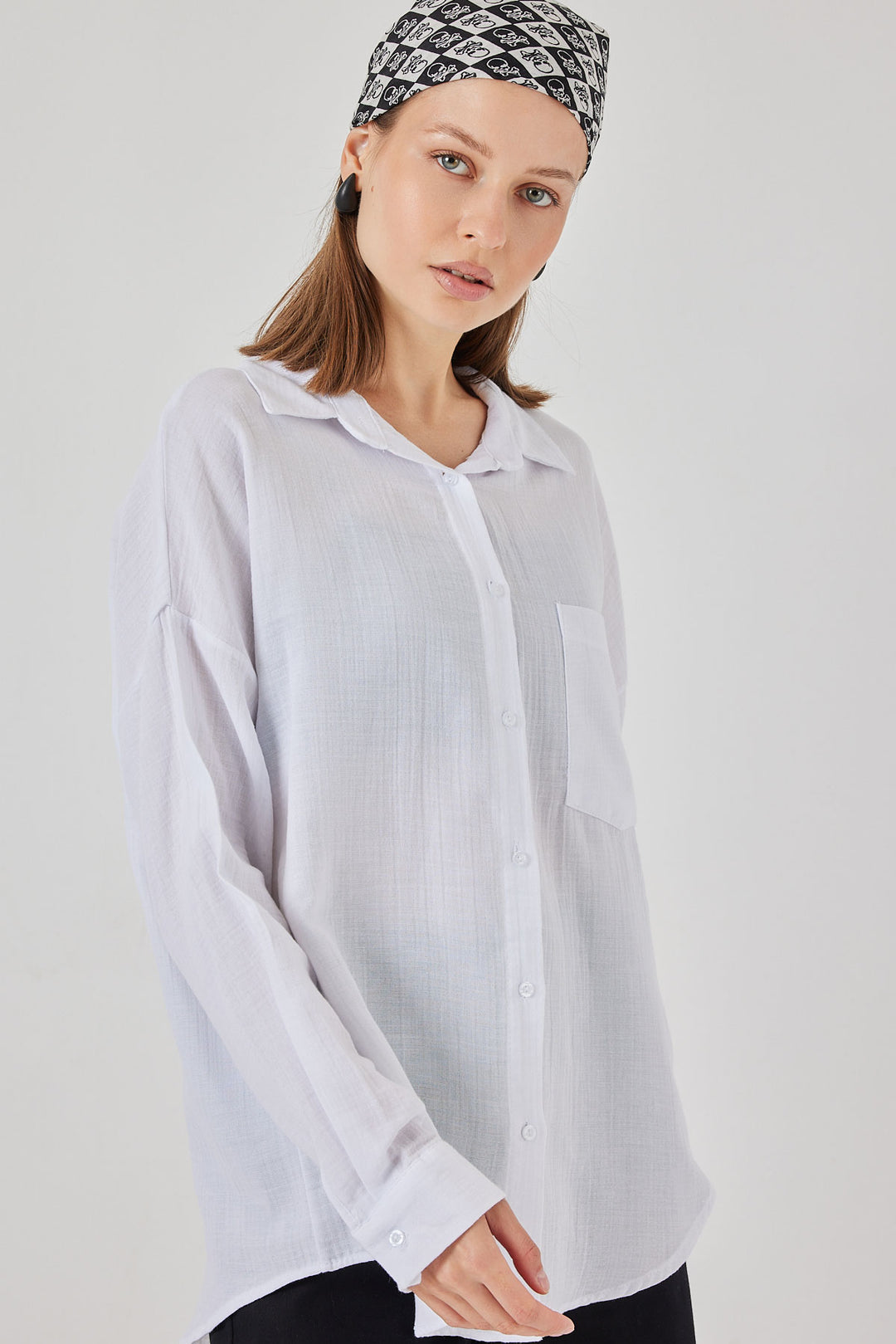 BGD Women Kadın Tek Cepli Oversize Müslin Gömlek 20353 - Beyaz - Châteauroux