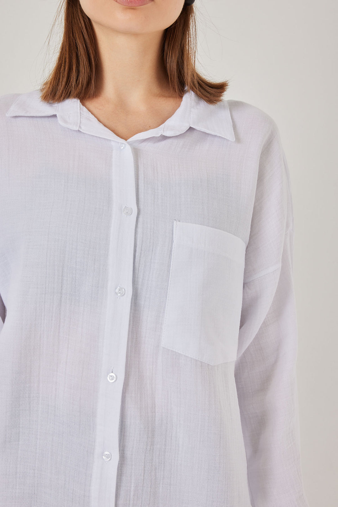 BGD Women Woman Single Pocket Oversized Muslin Shirt 20353 - White - East Ham
