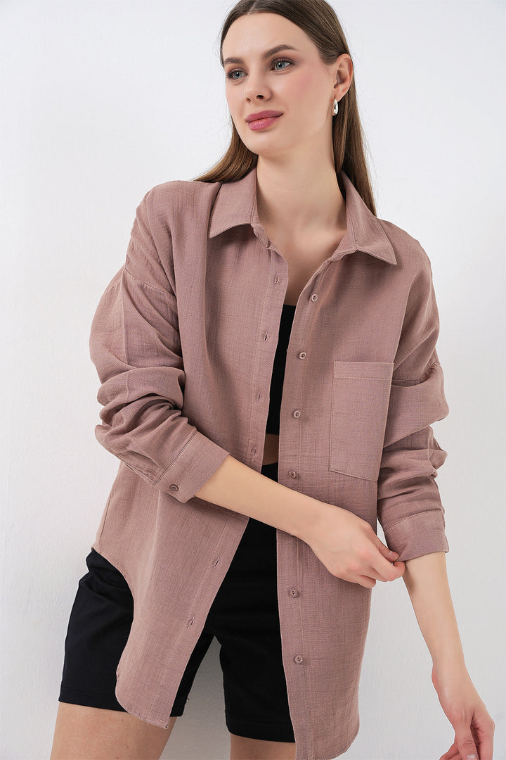 BGD Women Kadın Tek Cepli Oversize Müslin Gömlek 20353 - Gül Kurusu - Bendigo