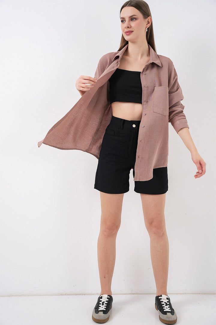 BGD Women Kadın Tek Cepli Oversize Müslin Gömlek 20353 - Gül Kurusu - Bendigo