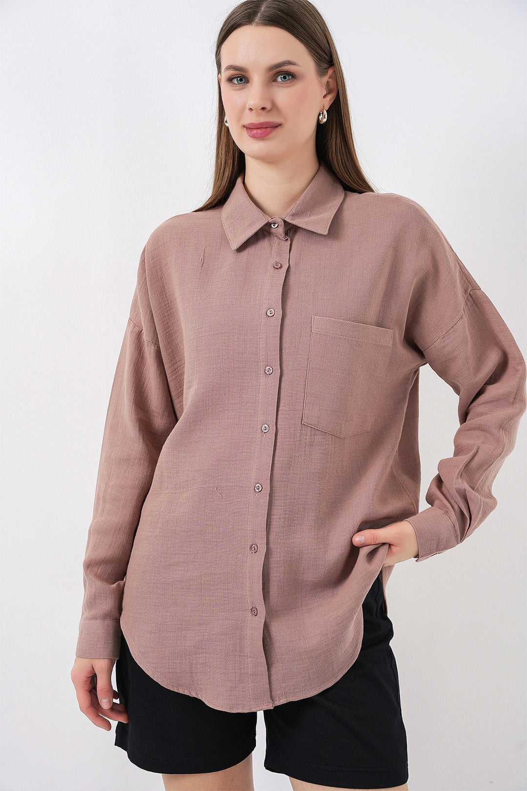 BGD Women Kadın Tek Cepli Oversize Müslin Gömlek 20353 - Gül Kurusu - Bendigo