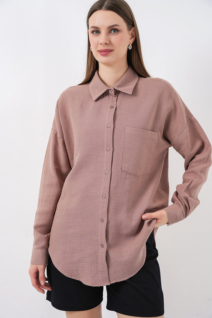 BGD Women Kadın Tek Cepli Oversize Müslin Gömlek 20353 - Gül Kurusu - Bendigo