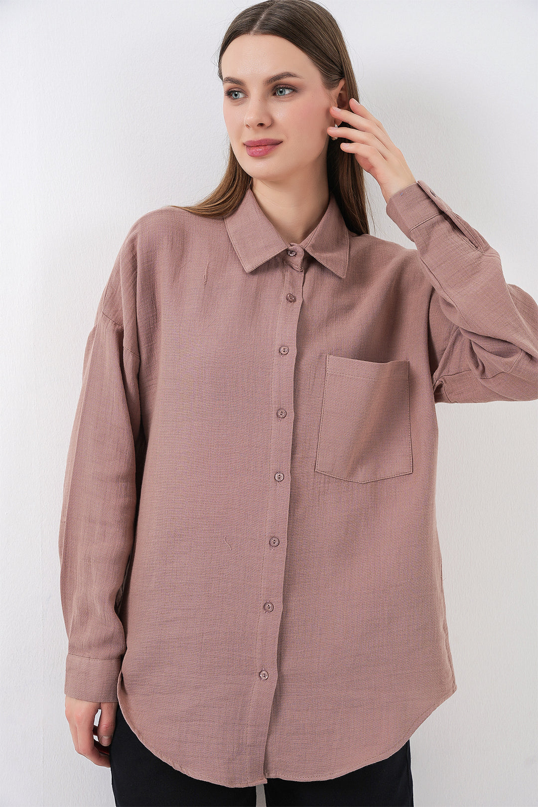 BGD Women Kadın Tek Cepli Oversize Müslin Gömlek 20353 - Gül Kurusu - Bendigo