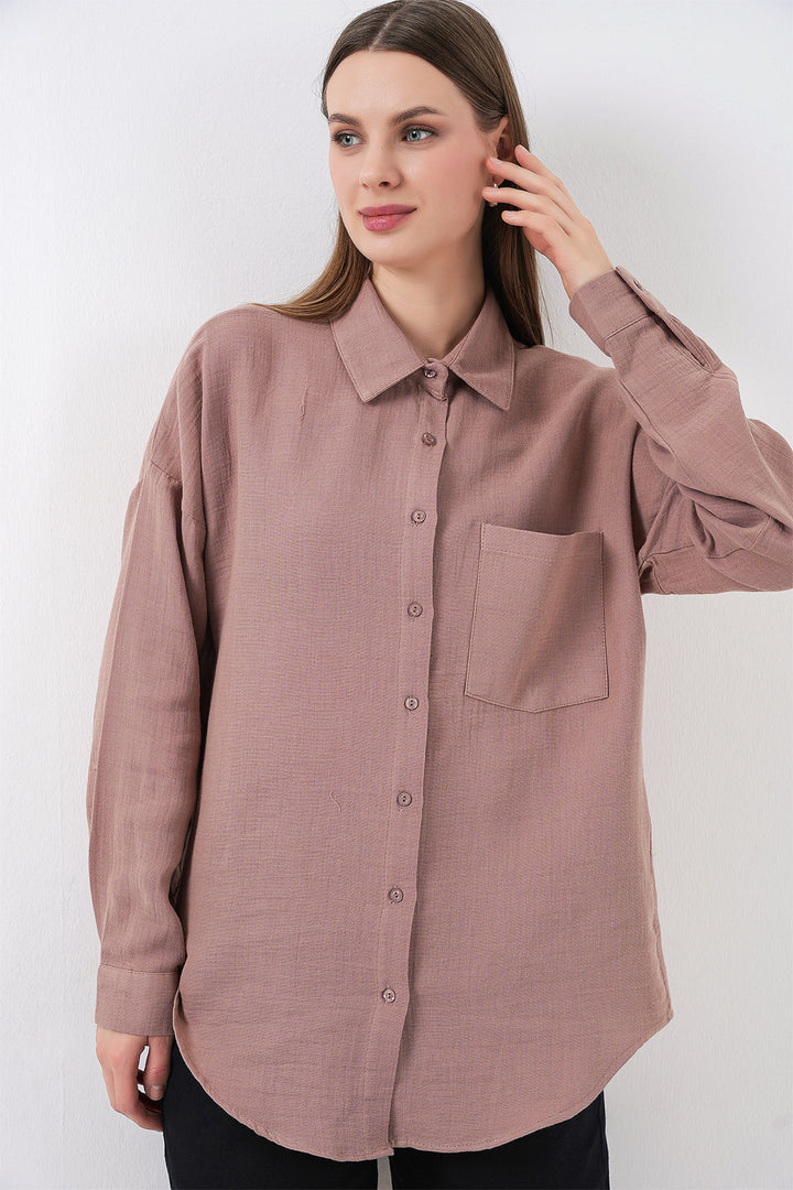 BGD Women Kadın Tek Cepli Oversize Müslin Gömlek 20353 - Gül Kurusu - Bendigo