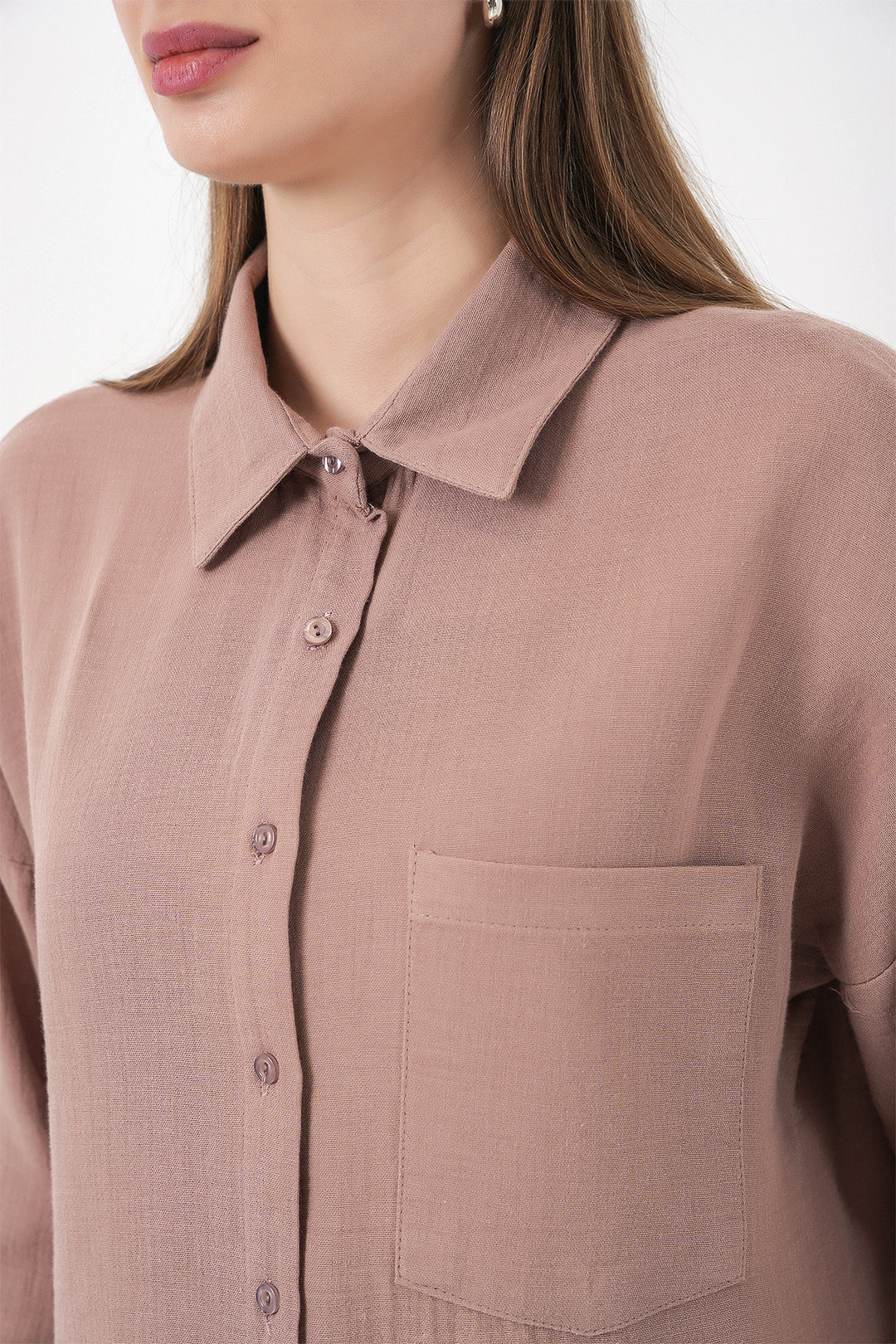 BGD Women Kadın Tek Cepli Oversize Müslin Gömlek 20353 - Gül Kurusu - Bendigo