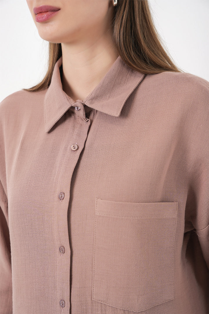 BGD Women Kadın Tek Cepli Oversize Müslin Gömlek 20353 - Gül Kurusu - Bendigo