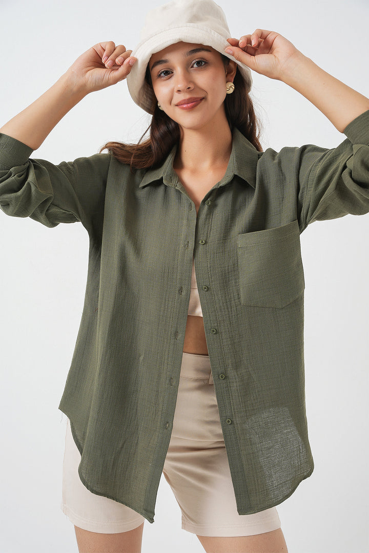 BGD Women Women's Single Pocket Oversized Muslin Shirt 20353 - Khaki - Euskirchen