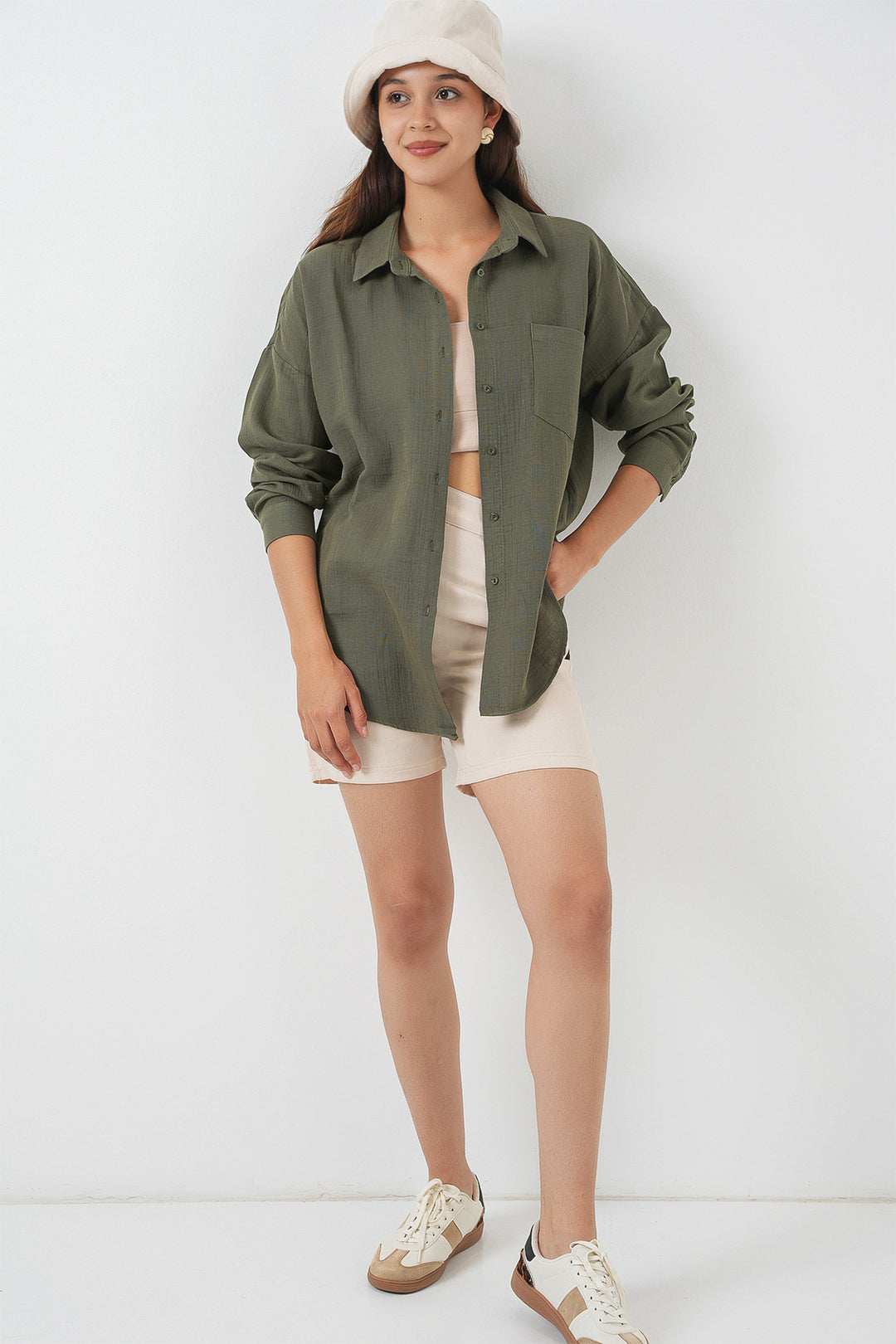 BGD Women Women's Single Pocket Oversized Muslin Shirt 20353 - Khaki - Euskirchen