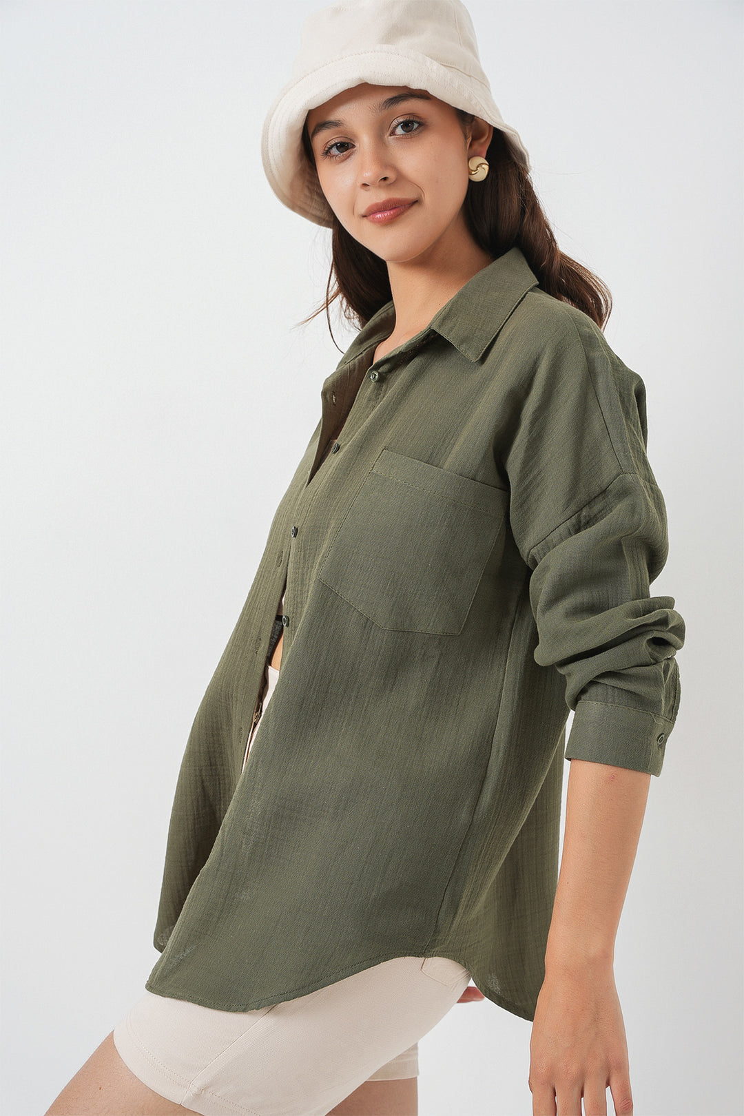 BGD Women Women's Single Pocket Oversized Muslin Shirt 20353 - Khaki - Euskirchen