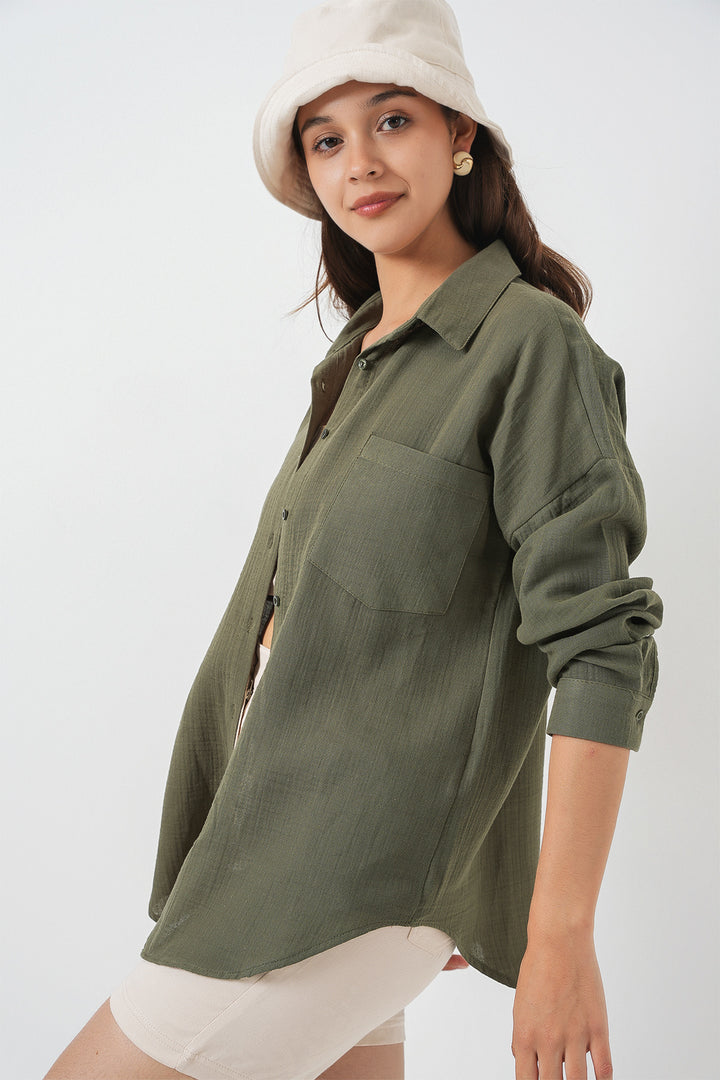 BGD Women Women's Single Pocket Oversized Muslin Shirt 20353 - Khaki - Euskirchen