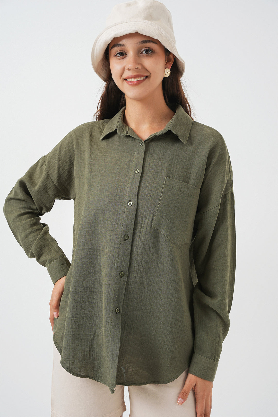 BGD Women Women's Single Pocket Oversized Muslin Shirt 20353 - Khaki - Euskirchen