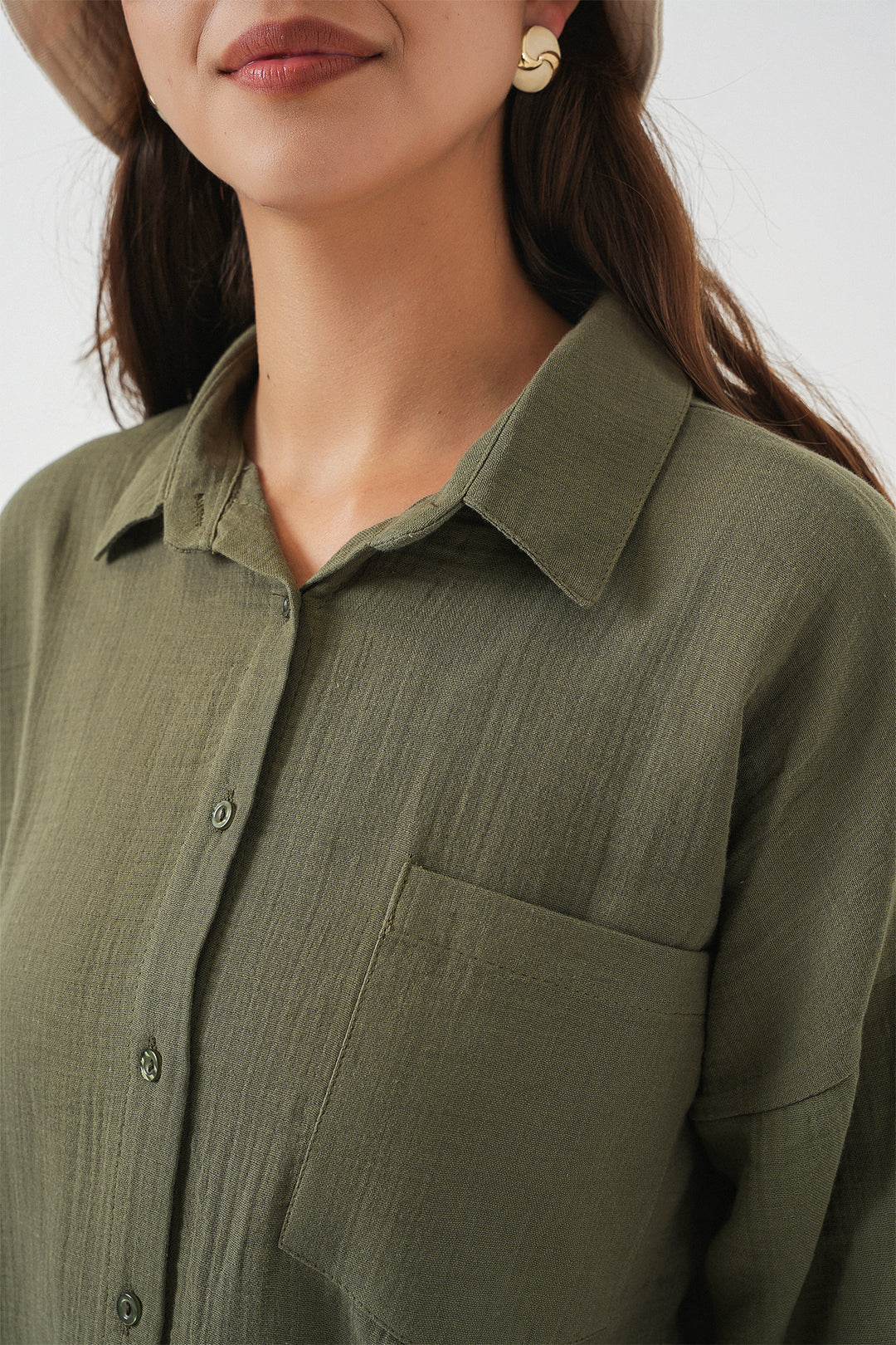 BGD Women Women's Single Pocket Oversized Muslin Shirt 20353 - Khaki - Euskirchen