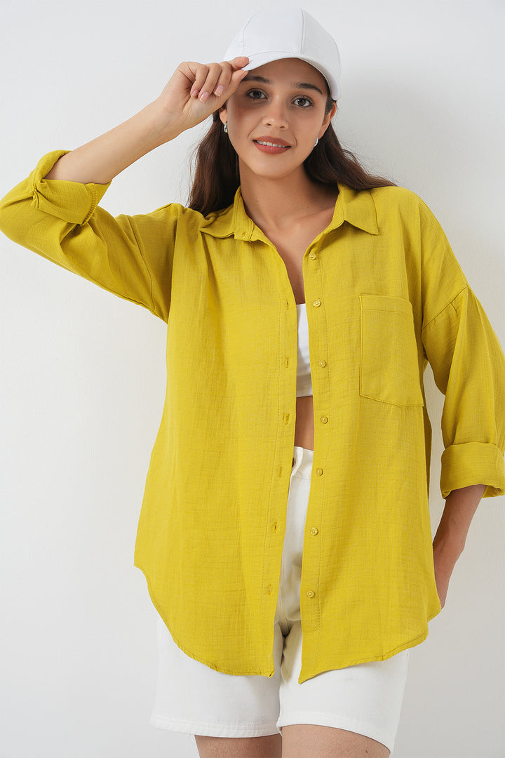 BGD Women Woman's Single Pocket Oversized Muslin Shirt 20353 - Mustard - Aalen