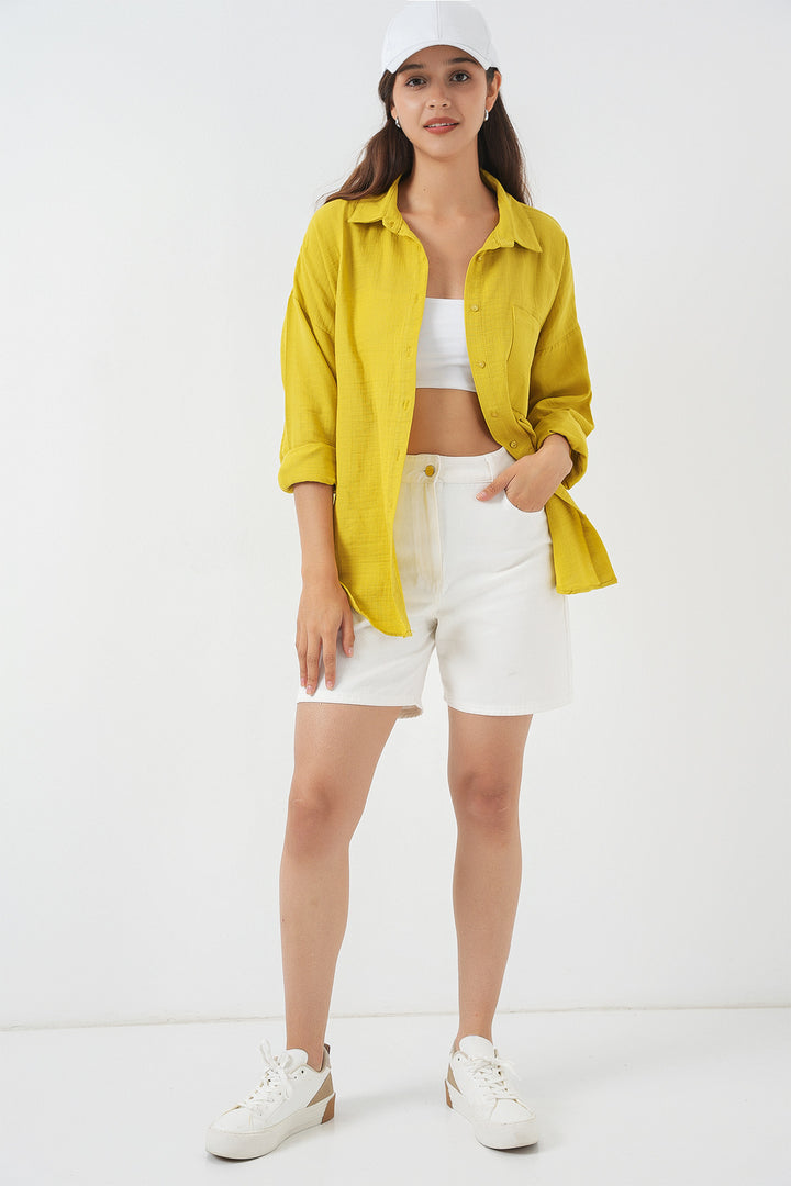 BGD Women Woman's Single Pocket Oversized Muslin Shirt 20353 - Mustard - Aalen