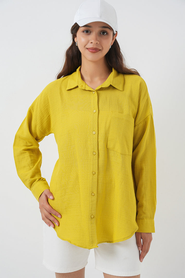 BGD Women Woman's Single Pocket Oversized Muslin Shirt 20353 - Mustard - Aalen