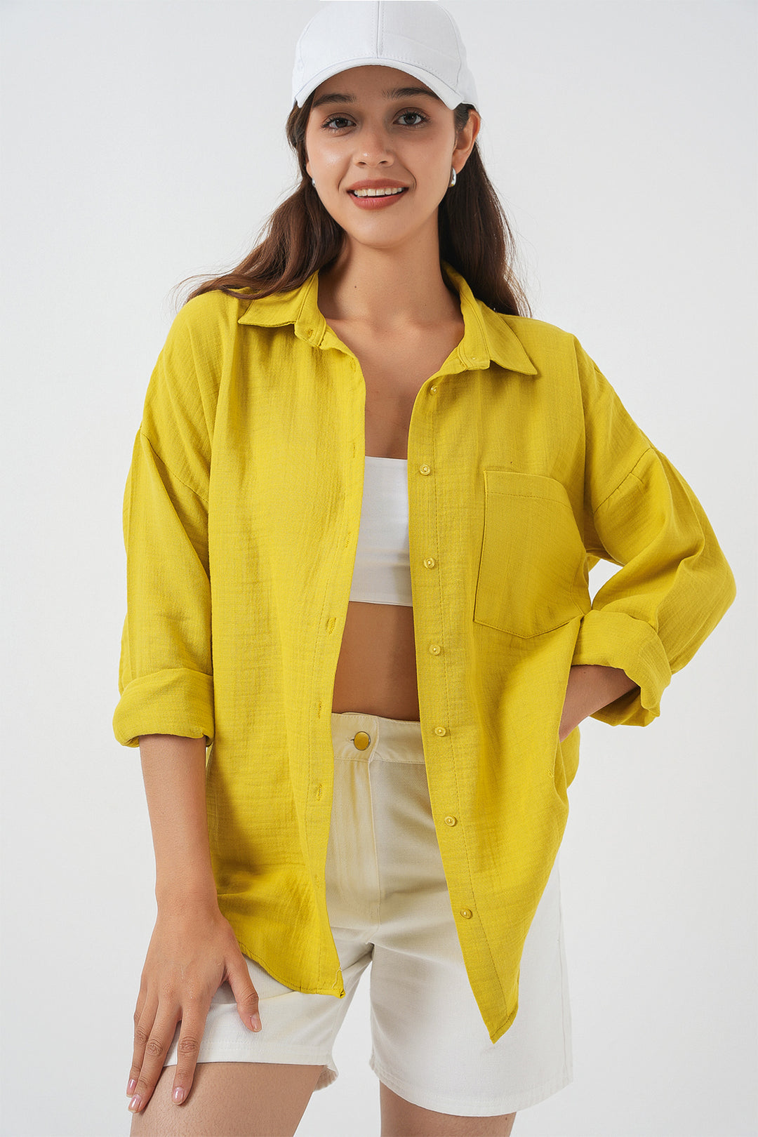 BGD Women Woman's Single Pocket Oversized Muslin Shirt 20353 - Mustard - Aalen