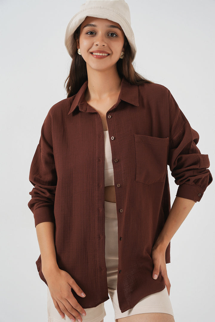BGD Women Woman Single Pocket Oversized Muslin Shirt 20353 - Brown - Tartu