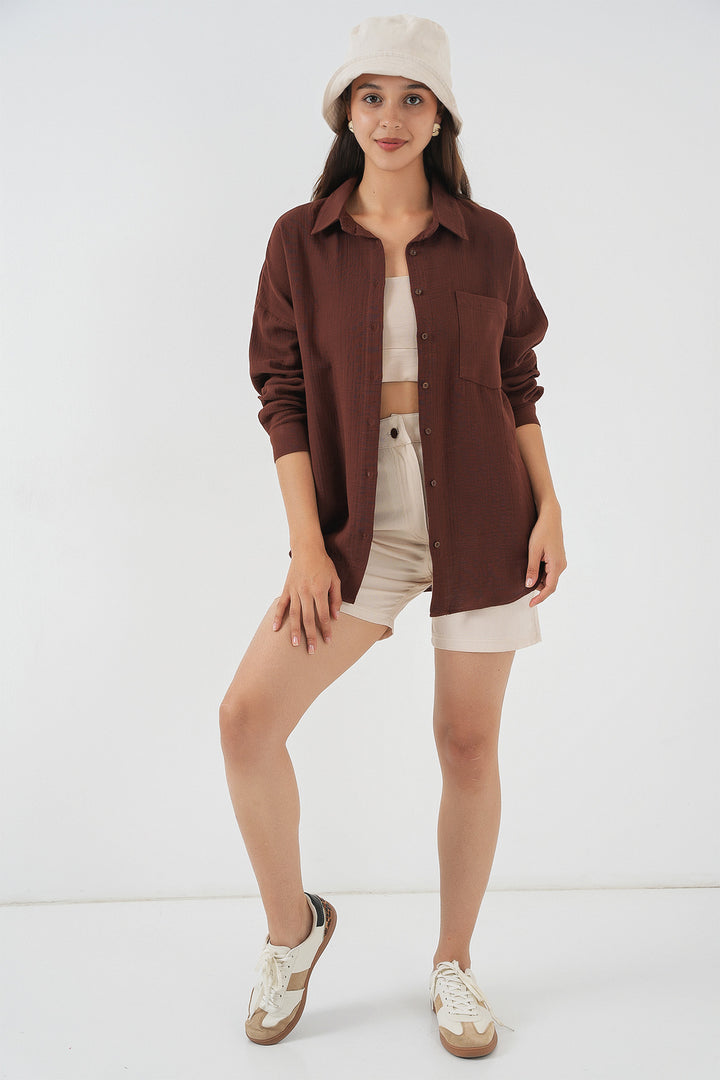 BGD Women Woman Single Pocket Oversized Muslin Shirt 20353 - Brown - Tartu