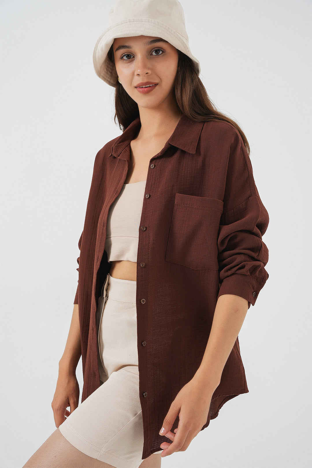 BGD Women Woman Single Pocket Oversized Muslin Shirt 20353 - Brown - Tartu