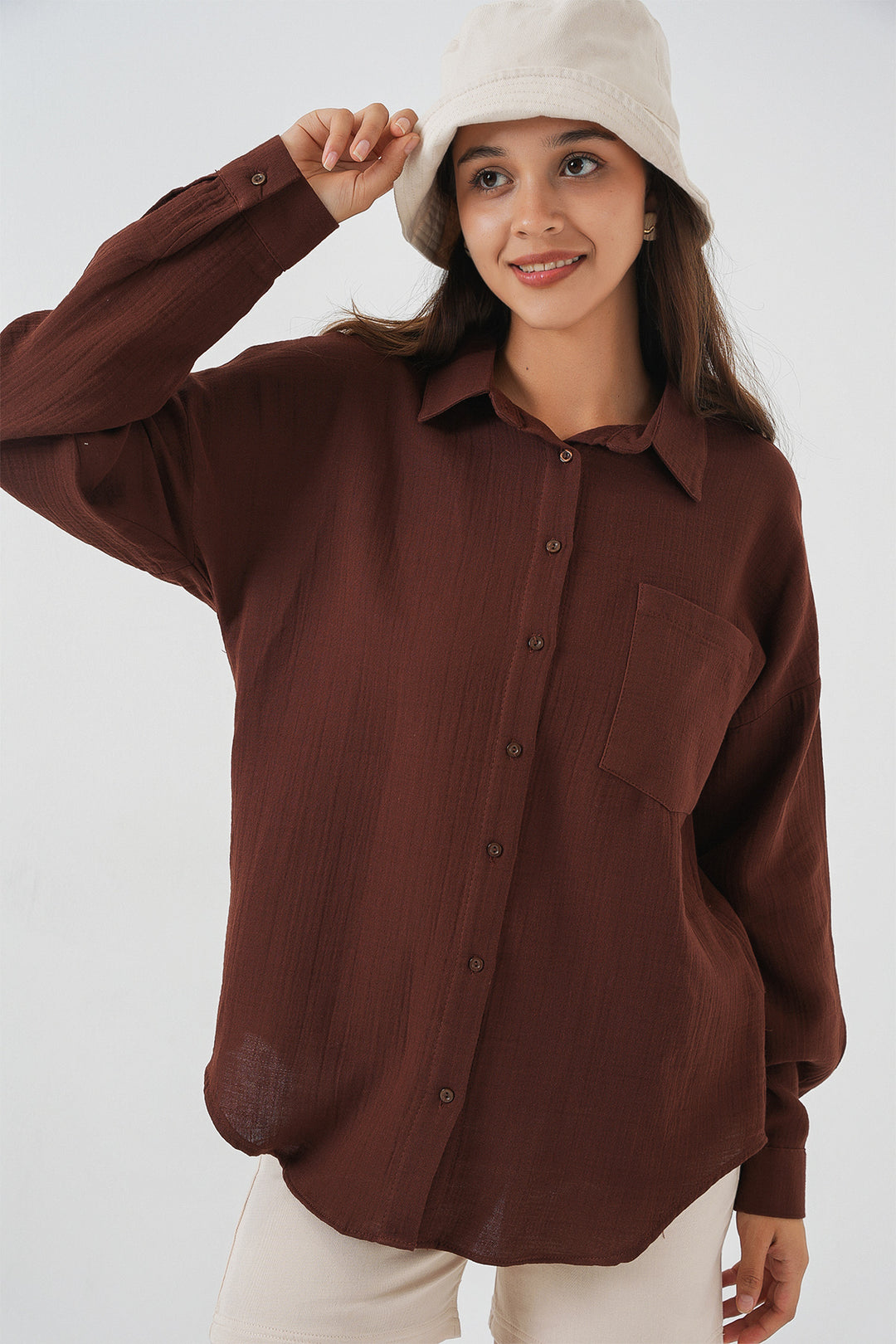 BGD Women Woman Single Pocket Oversized Muslin Shirt 20353 - Brown - Tartu