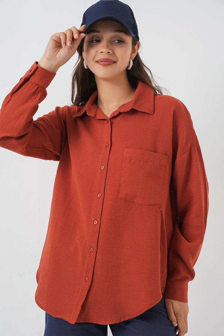 BGD Women Woman Single Pocket Oversized Muslin Shirt 20353 - Terracotta - Islington