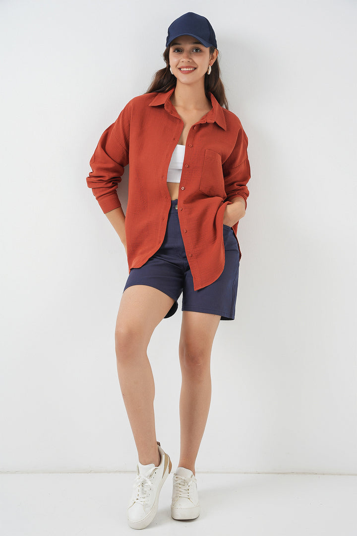 BGD Women Woman Single Pocket Oversized Muslin Shirt 20353 - Terracotta - Islington