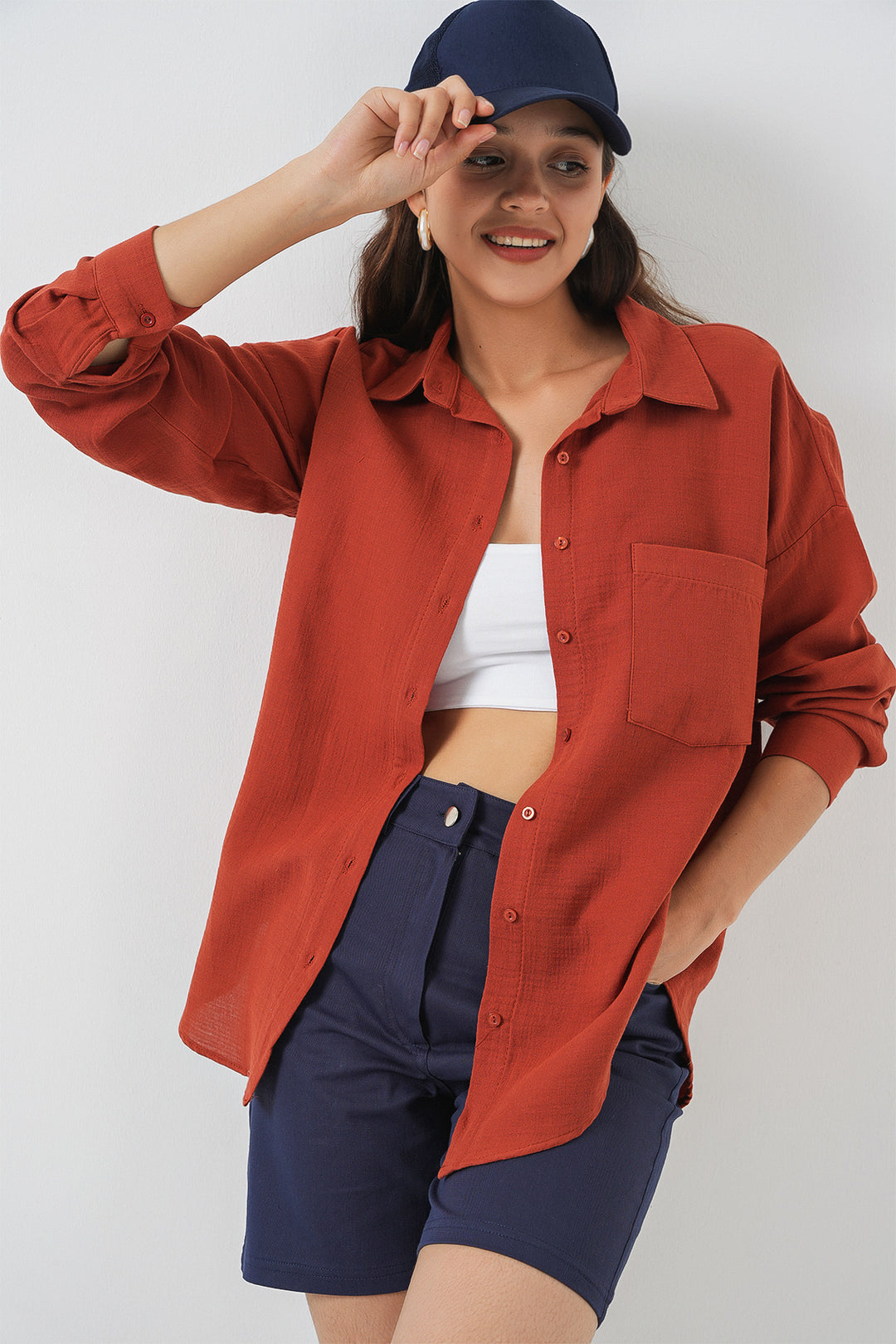 BGD Women Woman Single Pocket Oversized Muslin Shirt 20353 - Terracotta - Islington
