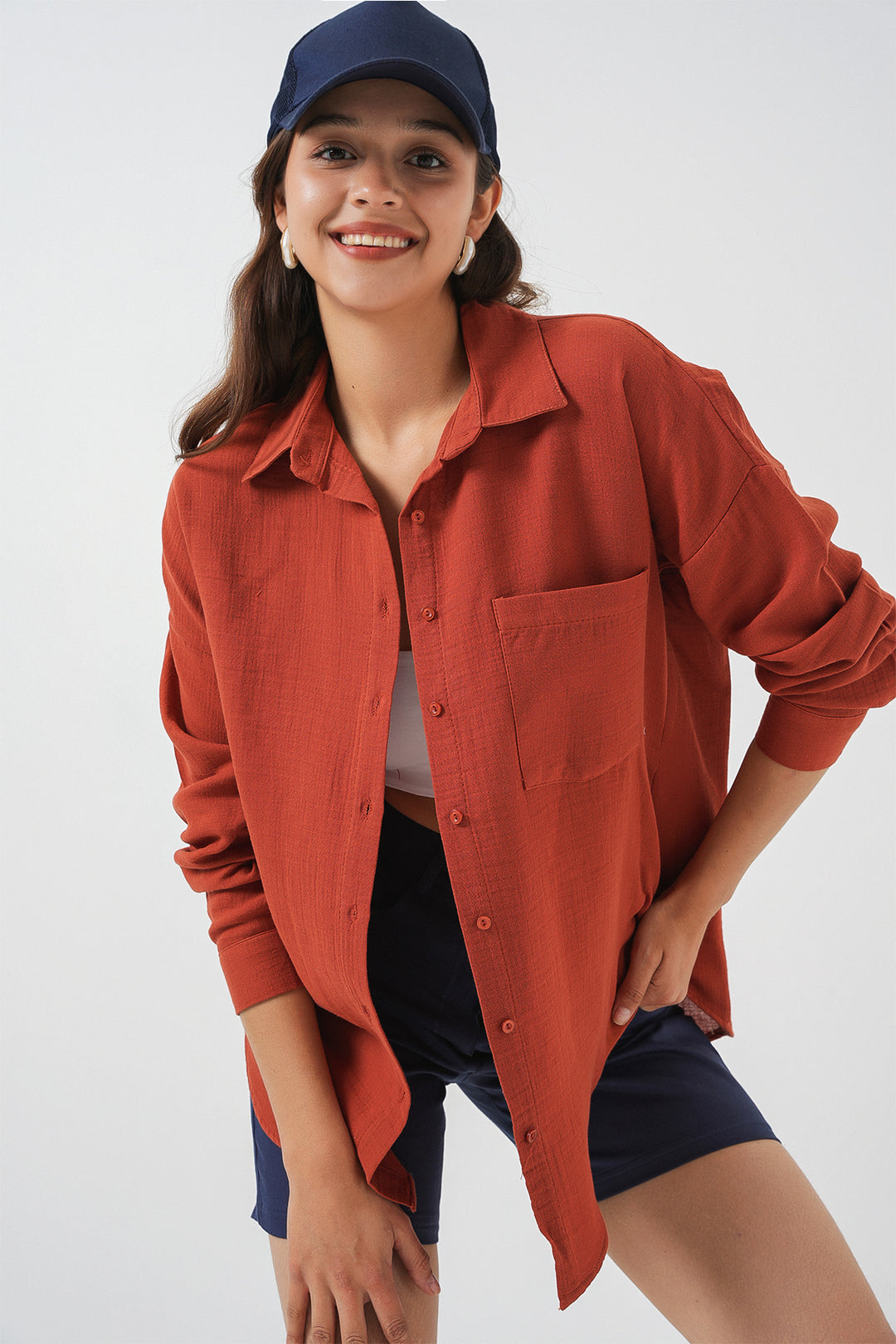 BGD Women Woman Single Pocket Oversized Muslin Shirt 20353 - Terracotta - Islington
