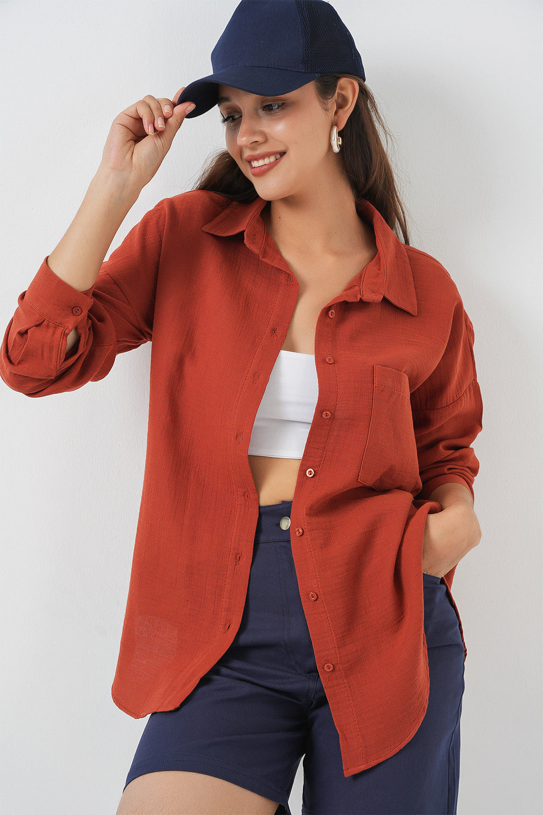 BGD Women Woman Single Pocket Oversized Muslin Shirt 20353 - Terracotta - Islington