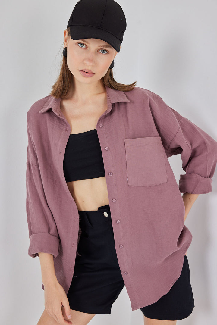 BGD Women Woman Single Pocket Oversized Muslin Shirt 20353 - Dark Lilac - Schagen