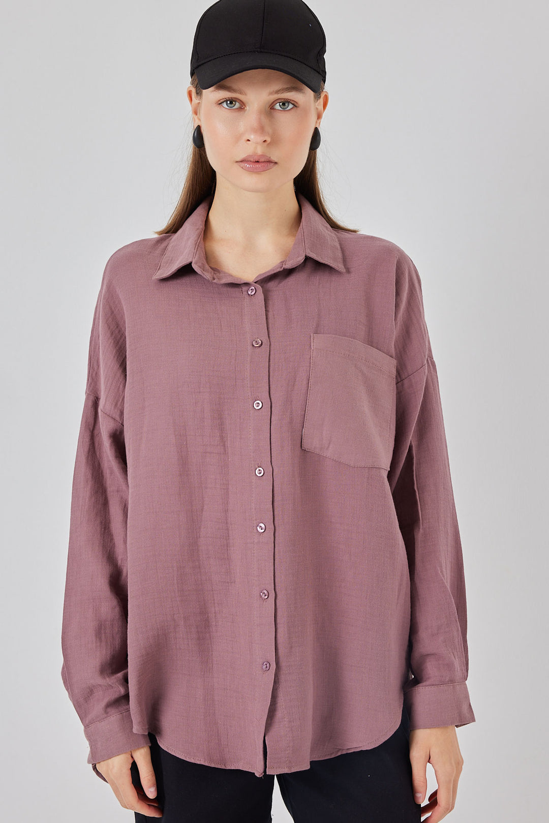 BGD Women Woman Single Pocket Oversized Muslin Shirt 20353 - Dark Lilac - Schagen
