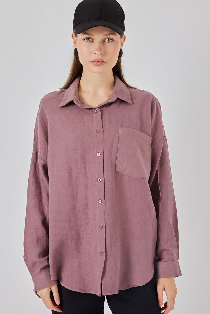 BGD Women Woman Single Pocket Oversized Muslin Shirt 20353 - Dark Lilac - Schagen