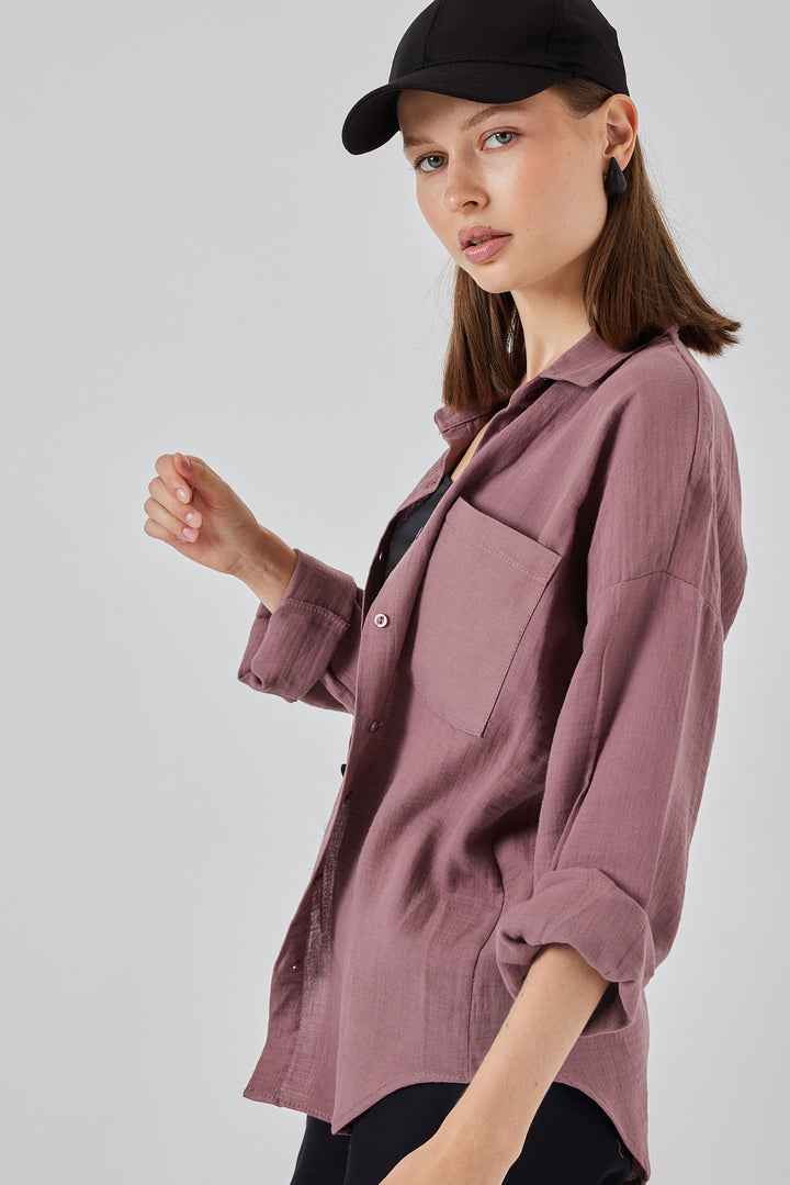 BGD Women Woman Single Pocket Oversized Muslin Shirt 20353 - Dark Lilac - Schagen