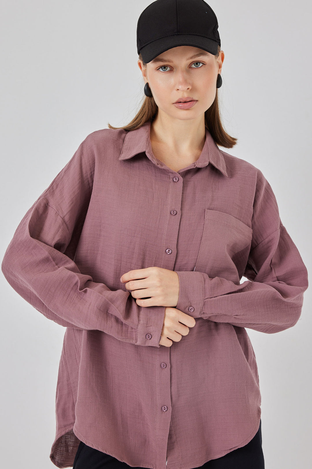 BGD Women Woman Single Pocket Oversized Muslin Shirt 20353 - Dark Lilac - Schagen