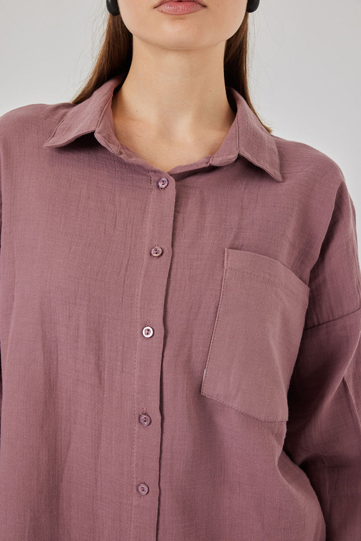 BGD Women Woman Single Pocket Oversized Muslin Shirt 20353 - Dark Lilac - Schagen