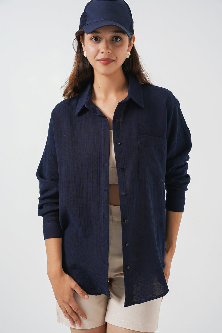 BGD Women Women's Single Pocket Oversized Muslin Shirt 20353 - Navy Blue - Loughborough