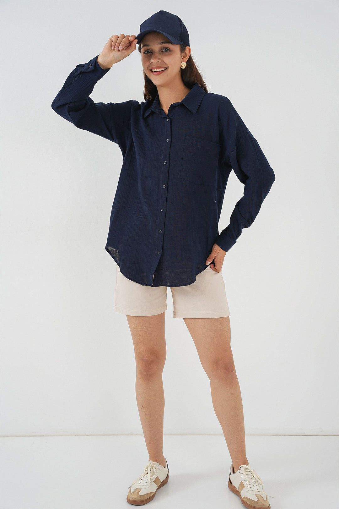 BGD Women Women's Single Pocket Oversized Muslin Shirt 20353 - Navy Blue - Loughborough