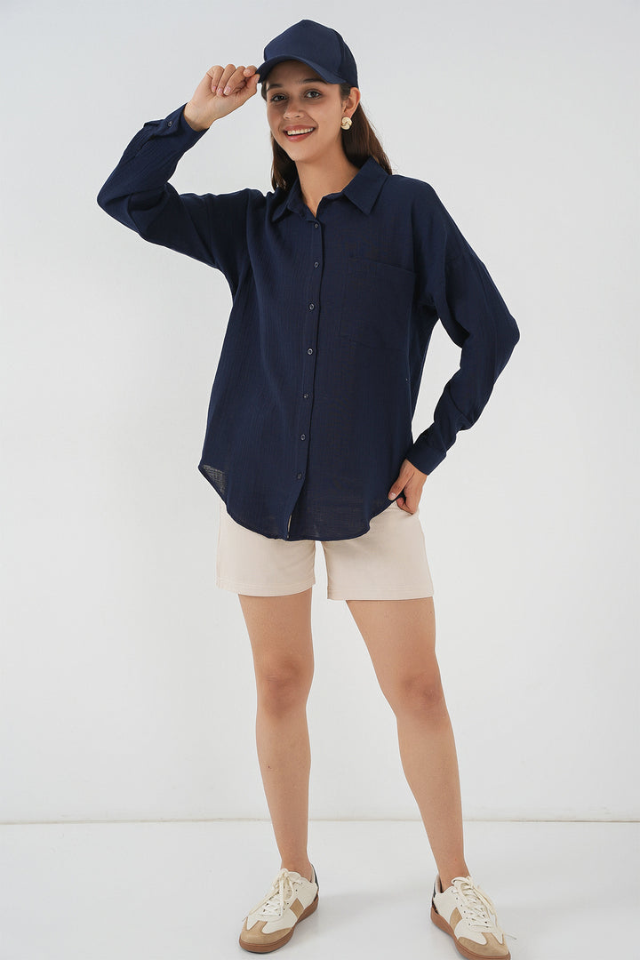 BGD Women Women's Single Pocket Oversized Muslin Shirt 20353 - Navy Blue - Loughborough