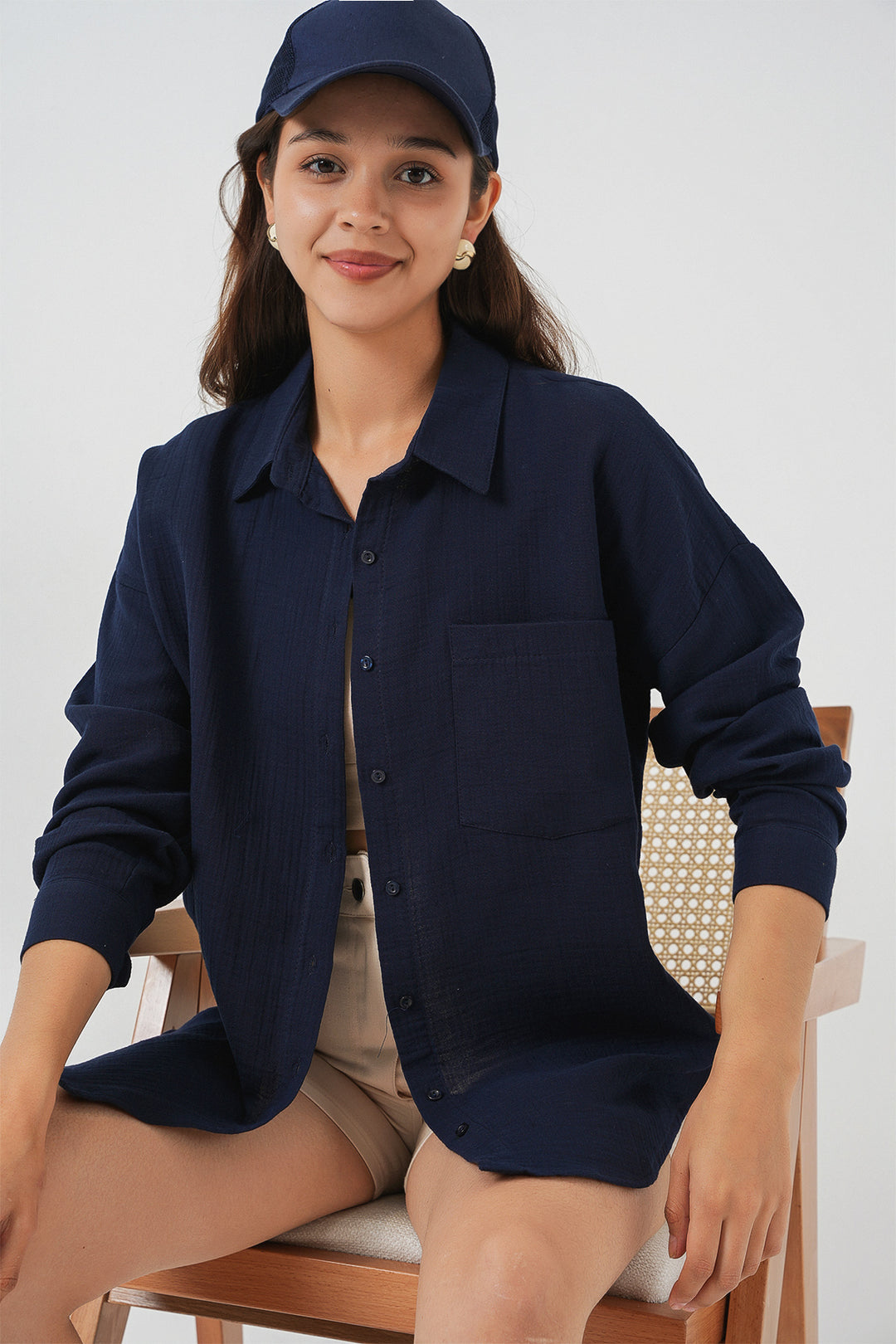 BGD Women Women's Single Pocket Oversized Muslin Shirt 20353 - Navy Blue - Loughborough