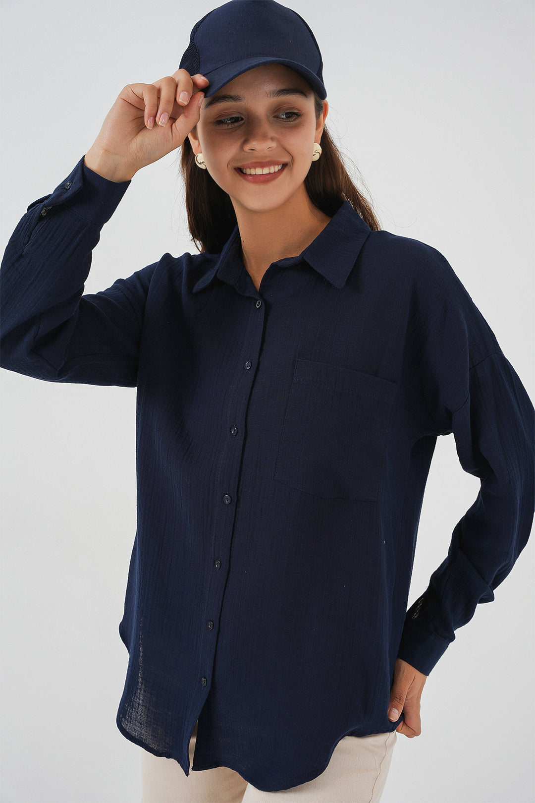 BGD Women Women's Single Pocket Oversized Muslin Shirt 20353 - Navy Blue - Loughborough