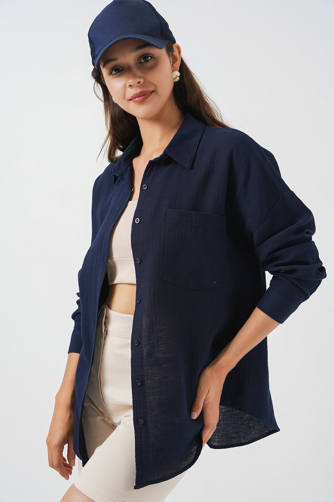 BGD Women Women's Single Pocket Oversized Muslin Shirt 20353 - Navy Blue - Loughborough