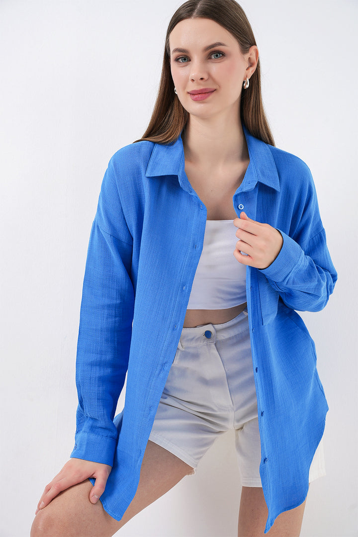 BGD Women Kadın Tek Cepli Oversize Müslin Gömlek 20353 - Mavi - Tultepec